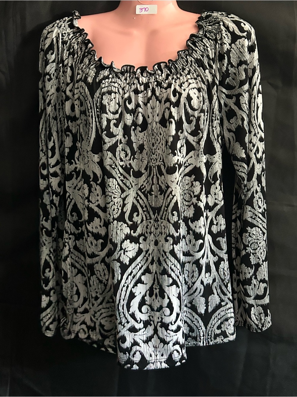 Carol Rose Women’s  Black & Silver Long-Sleeve Peasant Top LG